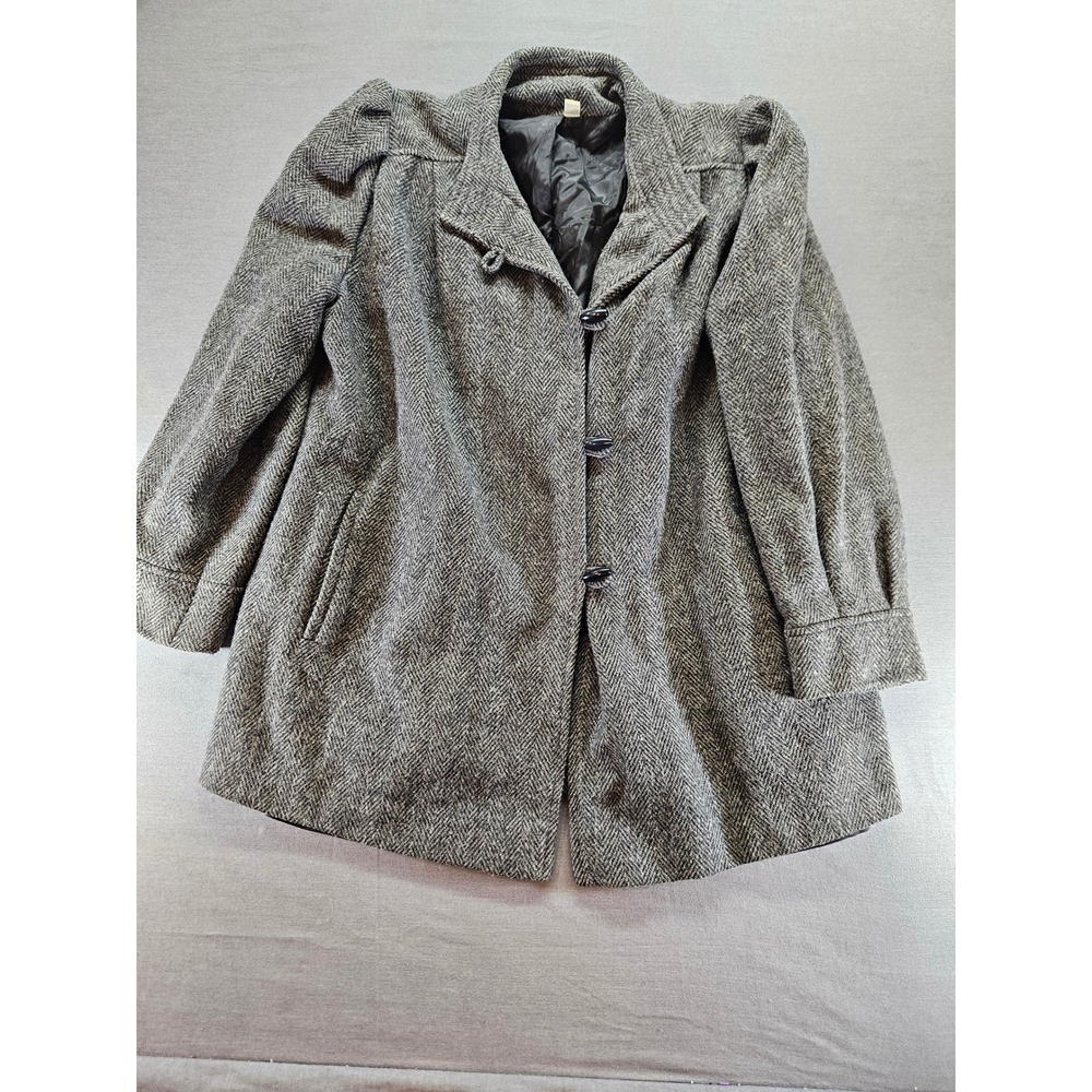 Vintage J Roberts Herringbone Wool Blend Car Coat Grey Black Puffed Shoulder L